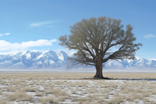 A hyperrealistic representation of a solitary tree amidst a desolate winter landscape, with snow-covered surroundings, evoking a sense of stillness and solitude, in hyperrealistic 8k detail