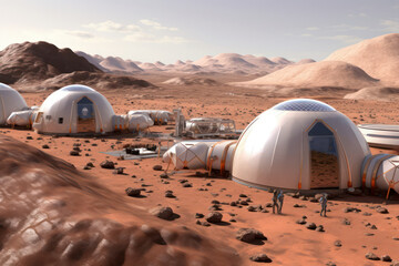 A hyperrealistic portrayal of a Martian landscape with domed habitats and wind turbines, illustrating the integration of renewable energy and sustainable living in a Mars colony