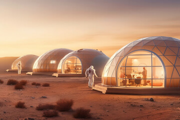 Obraz premium A hyperrealistic portrayal of a Mars base camp, with astronauts in spacesuits and rovers exploring the rugged Martian landscape, showcasing the human quest for knowledge