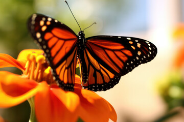 Obraz premium A close-up of a beautiful butterfly perched on a flower, showcasing the intricate details of its wings and the delicate beauty of nature in mesmerizing 8k resolution