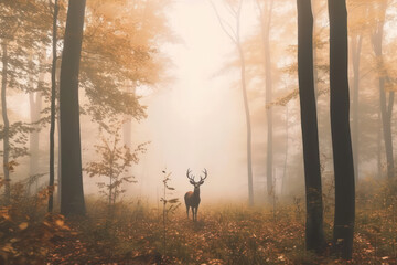 A hyperrealistic portrayal of a deer in a misty forest, with rays of golden light piercing through the fog, creating a mysterious and ethereal ambiance around the magnificent creature