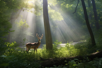 A hyperrealistic image capturing a majestic deer in a beautifully lit forest, with rays of sunlight filtering through the trees, highlighting the deer's grace and elegance in hyperrealistic 8k detail