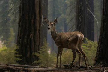 A hyperrealistic capture of a deer in a dreamlike forest, with soft mist and gentle rays of light adding an ethereal touch to the scene, showcasing the deer's serenity and natural beauty
