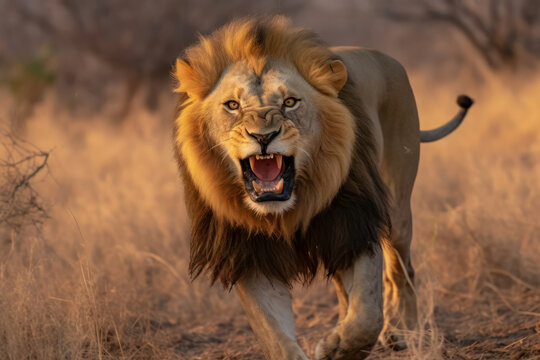 A powerful close-up of a roaring lion, displaying its strength and dominance in the animal kingdom, captured in high-quality 8k detail