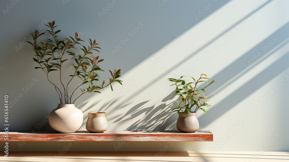 Aufkleber Minimalistic and clean backdrop with gentle window shadows on a plain wall, providing a serene atmosphere for product presentations Generative AI