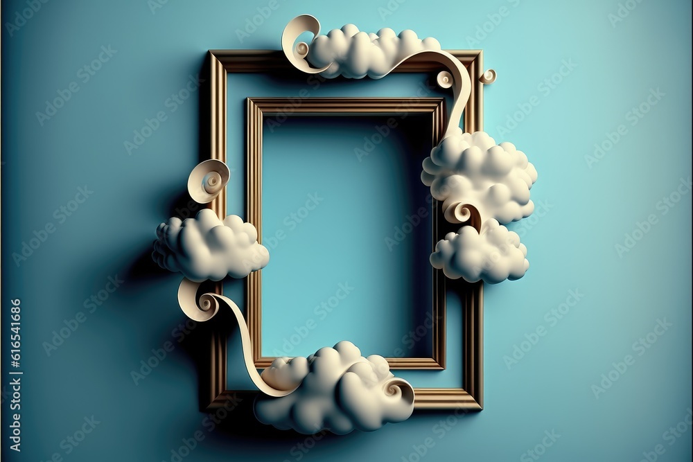Poster frame isolated on white cloud background in the sky in square shape. concept of luxurious fantasy. f