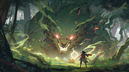 Samurai fighting a massive forest monster. Anime epic battle. Generative AI