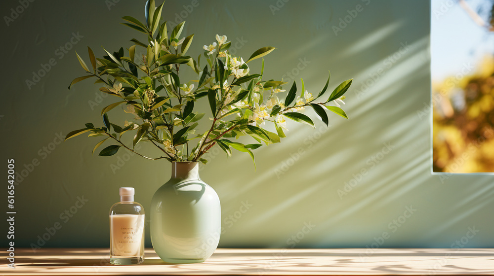 Poster contemporary and serene backdrop with soft light and delicate window shadows, providing a calming am