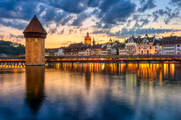Lucerne city Old town, Switzerland, in sunset light