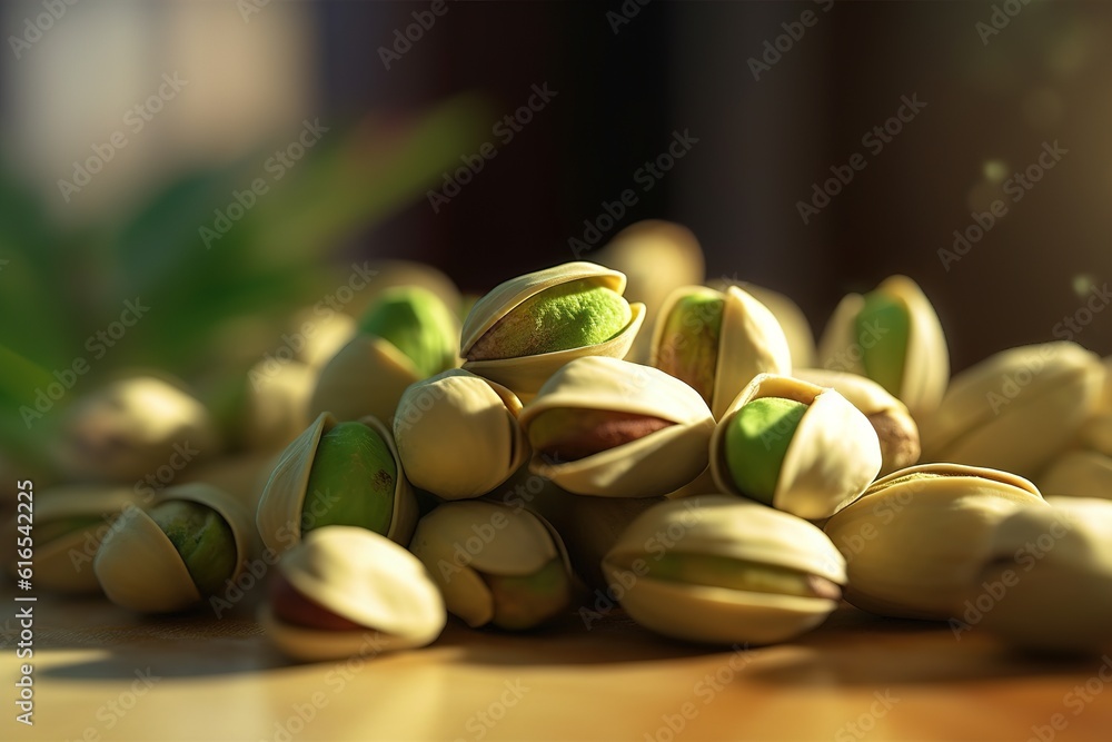 Poster pistachios are on the table. generated by ai.