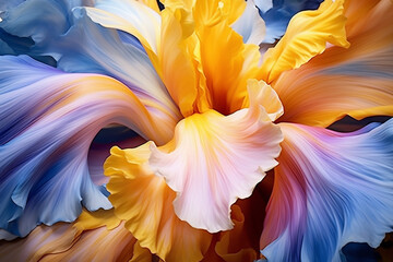 A closeup of acrylic painting iris flower multi colors, motion flowing down, abstract colors, liguid acrylic. AI Generative - obrazy, fototapety, plakaty