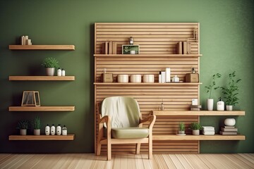cozy green room with wooden shelves and a comfortable chair