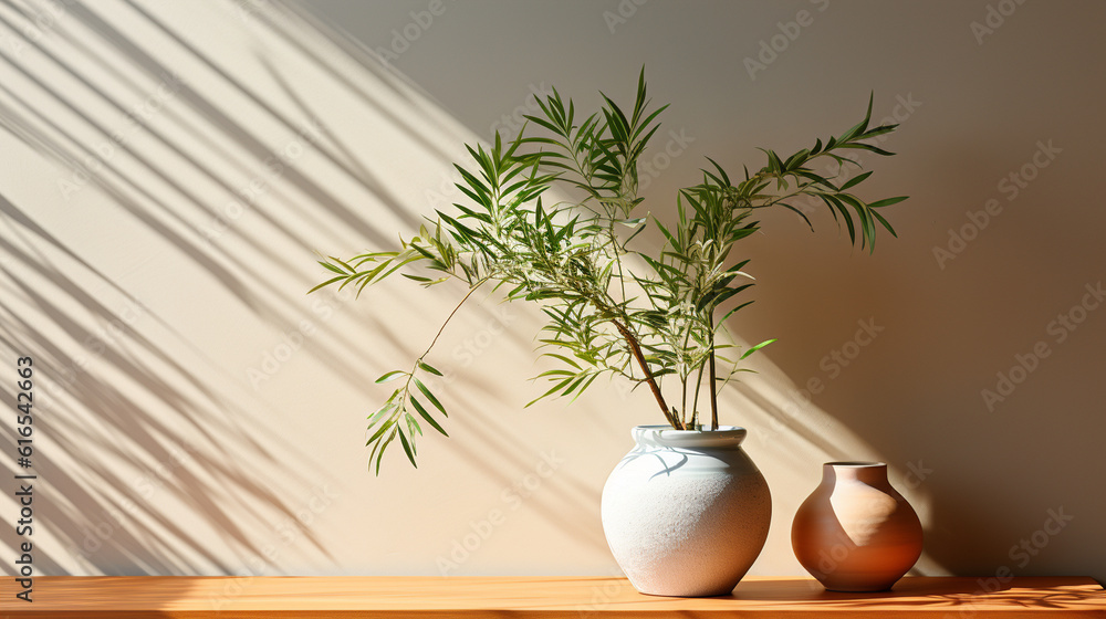 Poster minimalist backdrop with gentle window shadows casting a soothing pattern on a plain wall, creating 