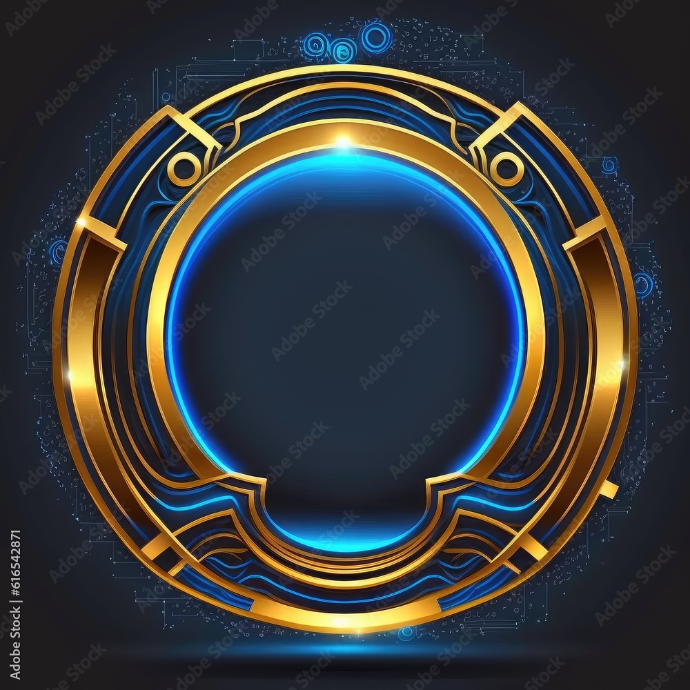 Poster abstract art of thick glowing golden and blue circle frame with vivid in chevrons game design. creat