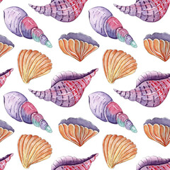 Tropical sea shells watercolor seamless pattern
