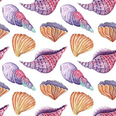 Tropical sea shells watercolor seamless pattern