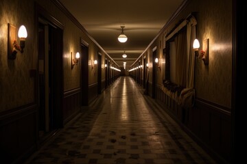 Fototapeta na wymiar An atmospheric shot of a long, dimly lit hallway adorned with vintage Halloween decorations. Generative AI