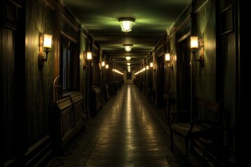 An atmospheric shot of a long, dimly lit hallway adorned with vintage Halloween decorations. Generative AI