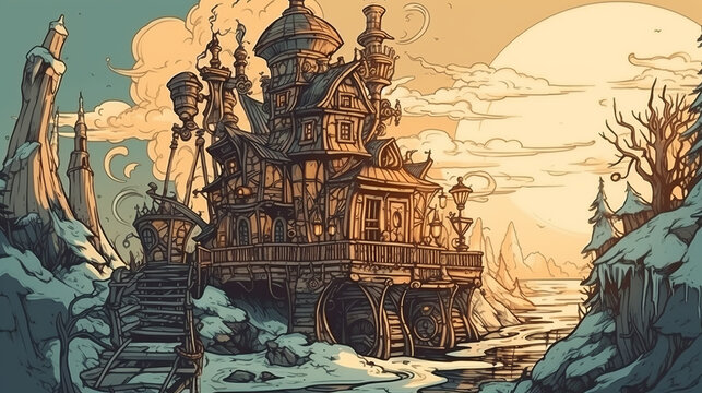old castle in the snow, background, generative, ai, steampunk style