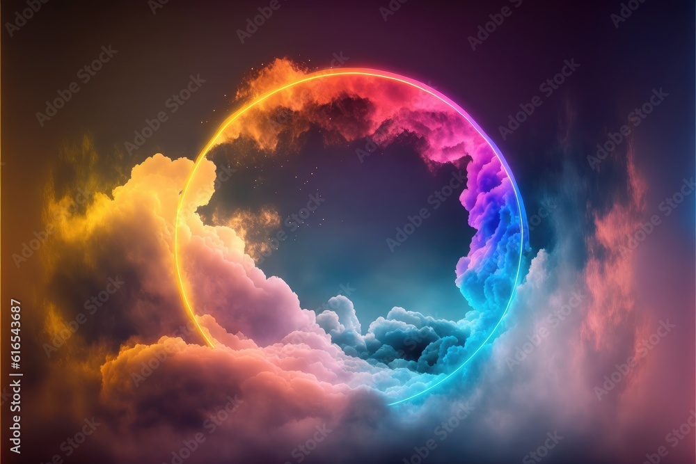 Poster abstract of glowing clouds circle frame illuminated with neon light on darkness sky view. concept of