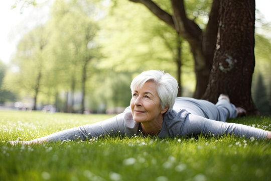 Mature woman with grey hair stretching in the park