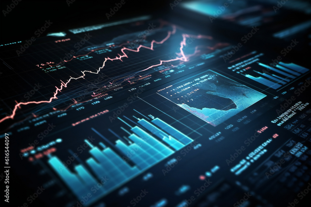 Poster financial charts and graphs projected on a large screen