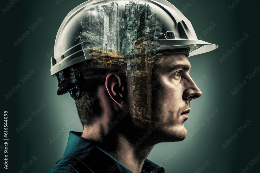 Poster civil engineer portrait as concept for building construct by professional with hardhat helmet engine