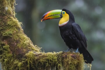 Fototapeta premium colorful toucan resting on a branch covered in lush green moss