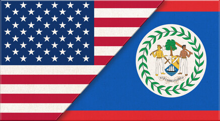 Flags of USA and Belize. USA and Belize relations. Political relations