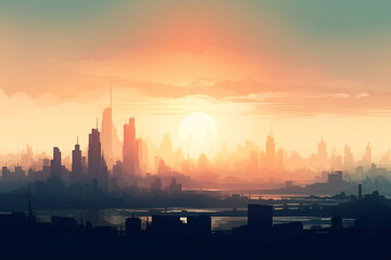 Naklejka premium Aerial view of a modern city skyline at sunset.