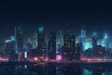 City skyline at night illuminated with vibrant lights