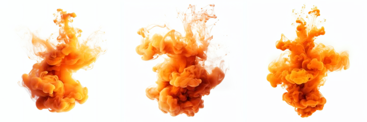 Fototapete Makrofotografie Orange color paint splash ink cloud liquid in water isolated transparent - Generative AI