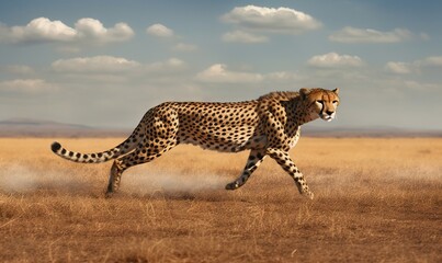  a cheetah running across a dry grass field with clouds in the background.  generative ai