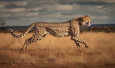  a cheetah running through a field of dry grass.  generative ai