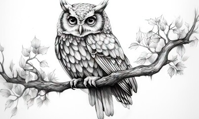  a drawing of an owl sitting on a branch of a tree.  generative ai