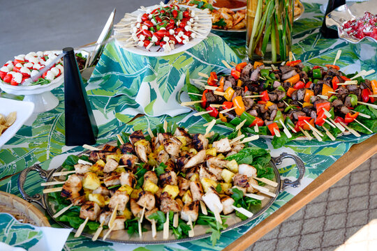 Finger Food cabob trays with Shrimp, chicken and beef  for party event