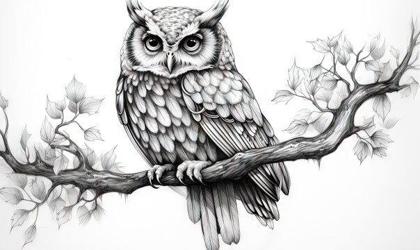  a drawing of an owl sitting on a branch of a tree.  generative ai