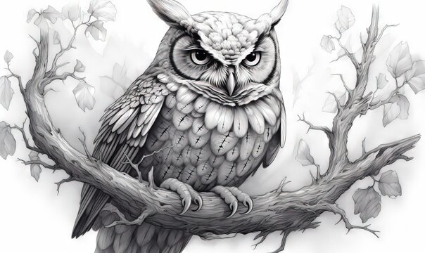  a drawing of an owl sitting on a branch with leaves.  generative ai
