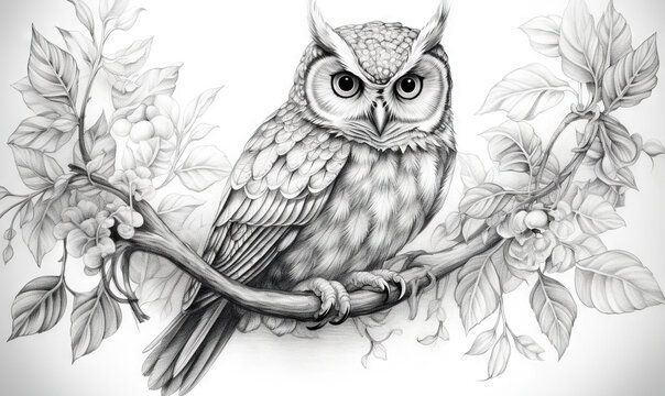  a drawing of an owl sitting on a branch with leaves.  generative ai