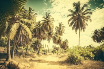 Fototapeta na wymiar sunny day on a palm tree lined dirt road. Generative AI