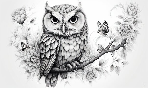  a drawing of an owl sitting on a branch with butterflies.  generative ai