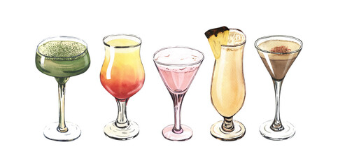 Watercolor cocktail glasses set: martini, gin, wine, margarita, goblet, liquor, rum. Hand-drawn illustration isolated on white background. Perfect for recipe lists with alcoholic drinks, for cafe