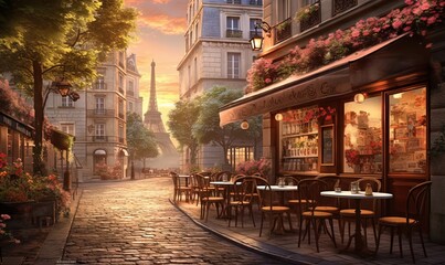  a painting of a city street with tables and chairs and a cafe.  generative ai