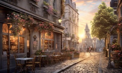 Fototapeta na wymiar a painting of a city street with a cafe and cafe tables. generative ai