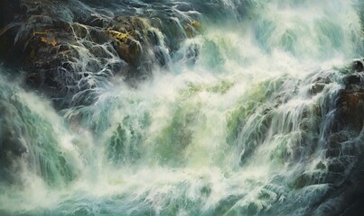  a painting of a waterfall with green water flowing over it.  generative ai