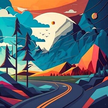 Vector illustration picture of a view of the moon above mountains through a forest