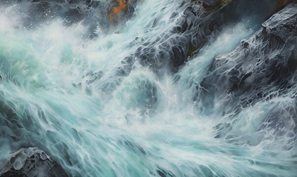  a painting of a river with a bunch of water rushing over it.  generative ai