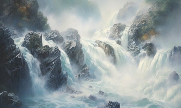  a painting of a waterfall in the middle of a river.  generative ai