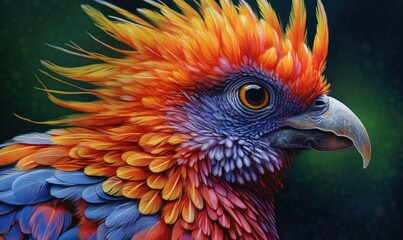  a colorful bird with a black background and a green background.  generative ai