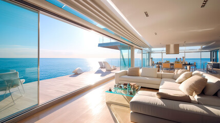 Fototapeta premium 3D render, Modern Interior Ocean Concept: Embracing the Timeless Elegance and Tranquility of Aesthetics, Creating a Harmonious Fusion of Indoor and Outdoor Spaces